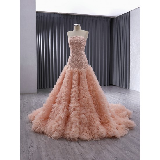 Peach Color Long Prom Dresses For Black Girls 2024 Strapless Ruffled Evening Party Gowns Women