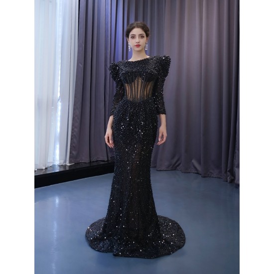 Pearl Black Mermaid Prom Dresses Long Sleeve Women Formal Evening Gowns Special Occasion Party Dress