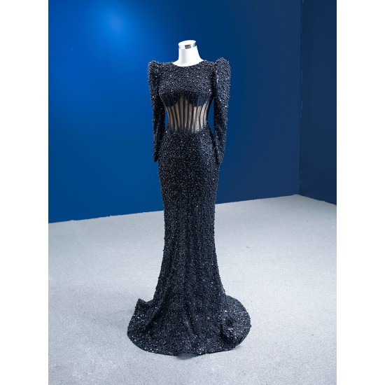 Pearl Black Mermaid Prom Dresses Long Sleeve Women Formal Evening Gowns Special Occasion Party Dress