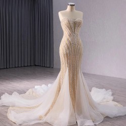 Pearl Champagne Evening Dress Sleeveless Appliques Girl Women Dress Dubai Kaftan Saudi Arabic Prom Gowns