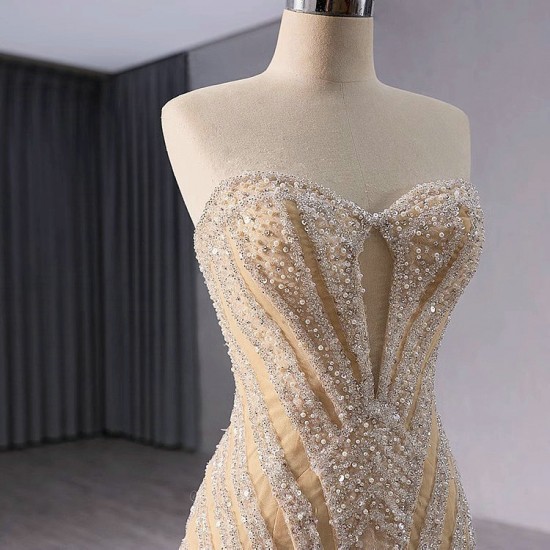 Pearl Champagne Evening Dress Sleeveless Appliques Girl Women Dress Dubai Kaftan Saudi Arabic Prom Gowns