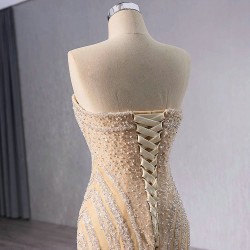 Pearl Champagne Evening Dress Sleeveless Appliques Girl Women Dress Dubai Kaftan Saudi Arabic Prom Gowns