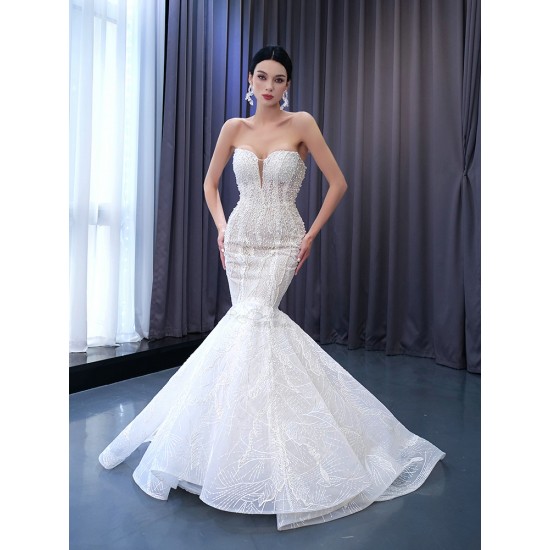 Pearl Mermaid Wedding Dress Sleeveless Bridal Gown Sweetheart Neck Vestidos De Novia Modernos