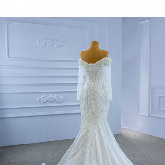 Pearl White Wedding Dress Long Sleeve Bridal Gown Mermaid Elegant Vestido De Noiva