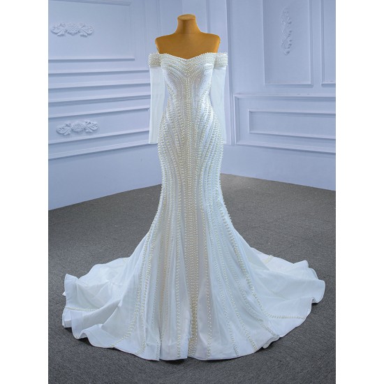 Pearl White Wedding Dress Long Sleeve Bridal Gown Mermaid Elegant Vestido De Noiva