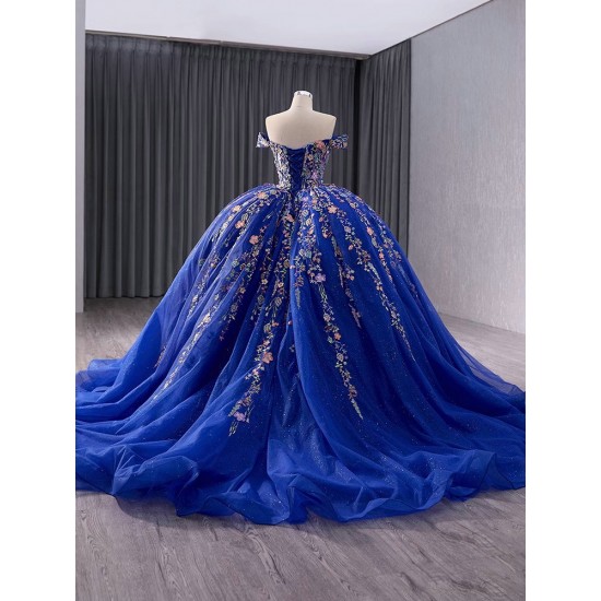 Princess 3D Flowers Blue Quinceanera Dress Appliques Lace Ball Gown Birthday Off Shoulder Sweet 16 Gowns Vestidos De 15 XV Anos