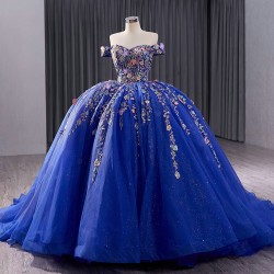 Princess 3D Flowers Blue Quinceanera Dress Appliques Lace Ball Gown Birthday Off Shoulder Sweet 16 Gowns Vestidos De 15 XV Anos