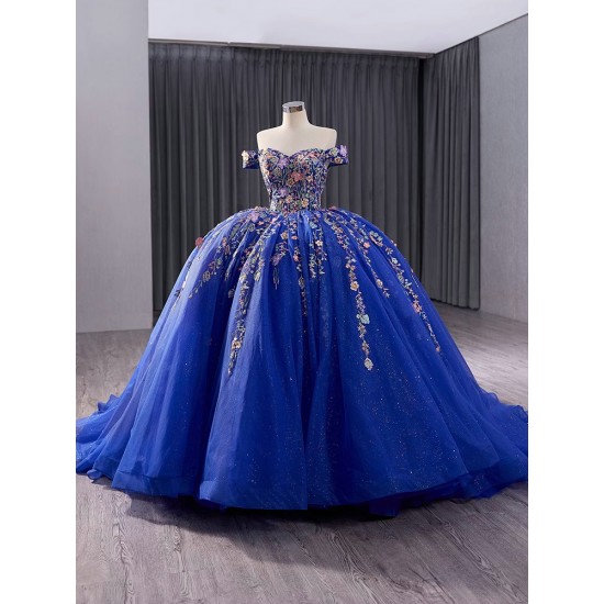 Princess 3D Flowers Blue Quinceanera Dress Appliques Lace Ball Gown Birthday Off Shoulder Sweet 16 Gowns Vestidos De 15 XV Anos