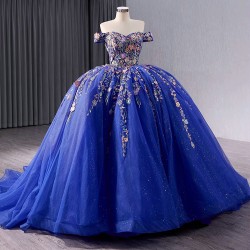 Princess 3D Flowers Blue Quinceanera Dress Appliques Lace Ball Gown Birthday Off Shoulder Sweet 16 Gowns Vestidos De 15 XV Anos