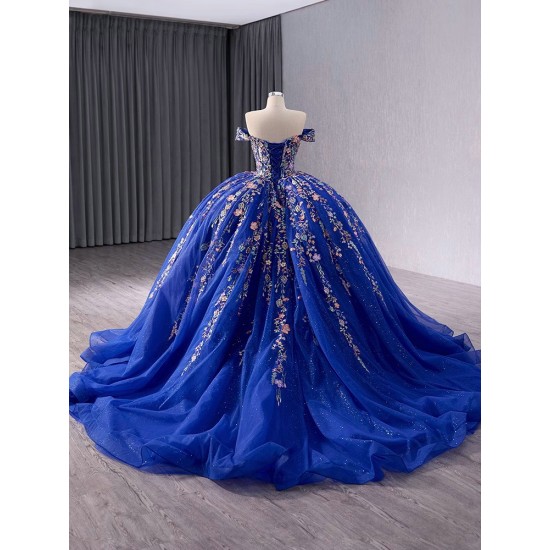 Princess 3D Flowers Blue Quinceanera Dress Appliques Lace Ball Gown Birthday Off Shoulder Sweet 16 Gowns Vestidos De 15 XV Anos