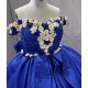 Princess 3D Flowers Blue Quinceanera Dresses Tulle Sweetheart Neck Off the Shoulder Vestido De 15 Customised With Bow