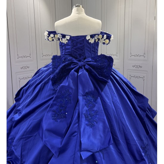 Princess 3D Flowers Blue Quinceanera Dresses Tulle Sweetheart Neck Off the Shoulder Vestido De 15 Customised With Bow