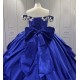 Princess 3D Flowers Blue Quinceanera Dresses Tulle Sweetheart Neck Off the Shoulder Vestido De 15 Customised With Bow