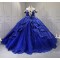 Princess 3D Flowers Blue Quinceanera Dresses Tulle Sweetheart Neck Off the Shoulder Vestido De 15 Customised With Bow