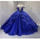 Princess 3D Flowers Blue Quinceanera Dresses Tulle Sweetheart Neck Off the Shoulder Vestido De 15 Customised With Bow