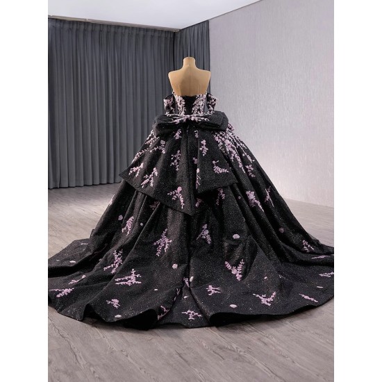 Princess Ball Gown Black Quinceanera Dress Pink Appliques Sweet 16 Dress Detachable Sleeve Birthday Vestidos De 15 Anos