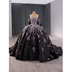 Princess Ball Gown Black Quinceanera Dress Pink Appliques Sweet 16 Dress Detachable Sleeve Birthday Vestidos De 15 Anos