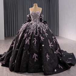 Princess Ball Gown Black Quinceanera Dress Pink Appliques Sweet 16 Dress Detachable Sleeve Birthday Vestidos De 15 Anos