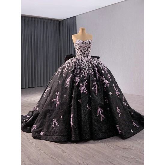 Princess Ball Gown Black Quinceanera Dress Pink Appliques Sweet 16 Dress Detachable Sleeve Birthday Vestidos De 15 Anos