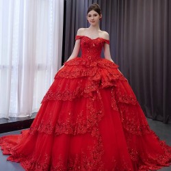 Princess Ball Gown Red Quinceanera Dress Lace Applique Sweet 16 Gown Off Shoulder Birthday Vestido De 15 Anos