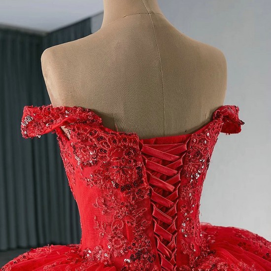 Princess Ball Gown Red Quinceanera Dress Lace Applique Sweet 16 Gown Off Shoulder Birthday Vestido De 15 Anos