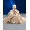 Princess Champagne Quinceanera Dresses Tiered Applique Ball Gown Strapless Sleeveless Lace Bodice Long Prom Dresses