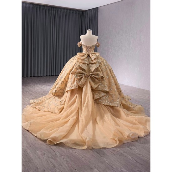 Princess Mexico Champagne Quinceanera Dresses Off The Shoulder Crystal Sweet 16 Dresses Ball Gown Vestido de 15 Anos With Bow