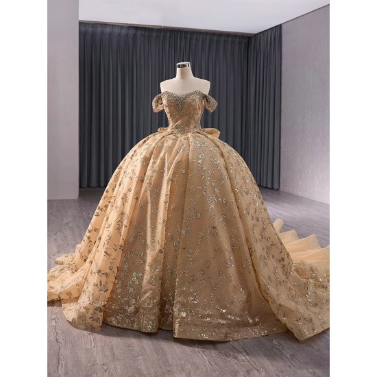 Princess Mexico Champagne Quinceanera Dresses Off The Shoulder Crystal Sweet 16 Dresses Ball Gown Vestido de 15 Anos With Bow