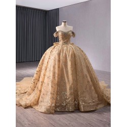 Princess Mexico Champagne Quinceanera Dresses Off The Shoulder Crystal Sweet 16 Dresses Ball Gown Vestido de 15 Anos With Bow