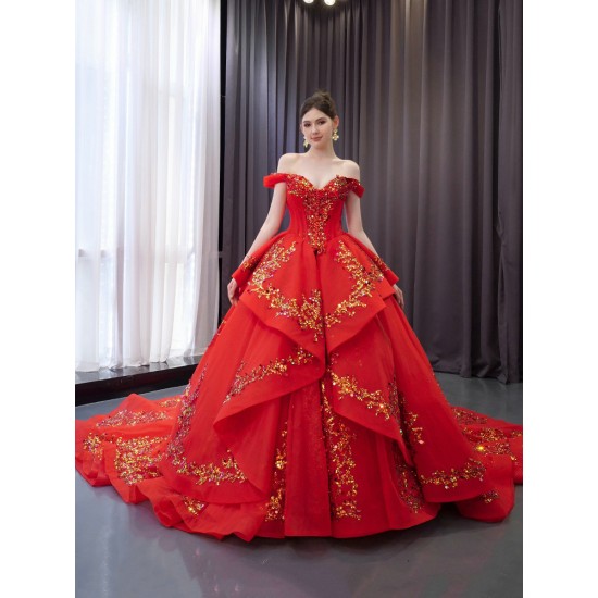 Princess Red Quinceanera Dress Custom Sequin Sweet 15 16 Dress Off Shoulder Party Gown