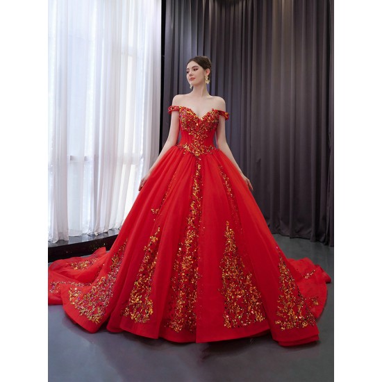 Princess Red Quinceanera Dress Custom Sequin Sweet 15 16 Dress Off Shoulder Party Gown