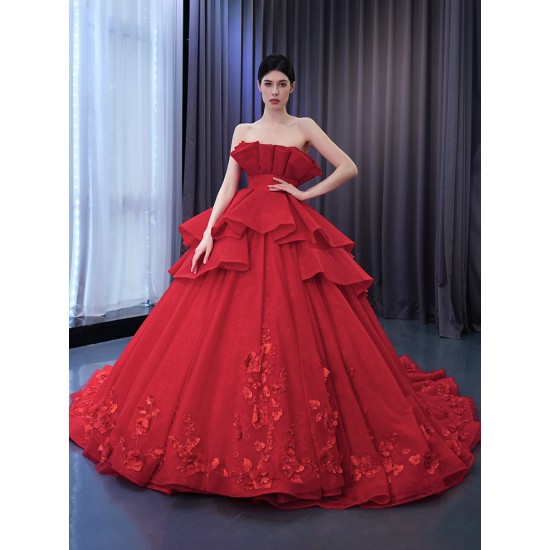 Princess Red Quinceanera Dress Tiered Ballgown Prom Dress Sleeveless Floral Appliques 2024 Sweet 15 16 Gown