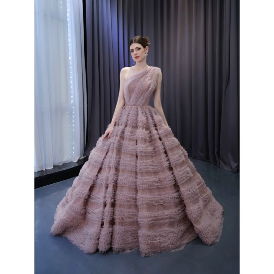 Princess Tulle Mauve Prom Dresses For Wedding Party Ruffled Sleeveless Formal Occasion Dress Evening Gowns