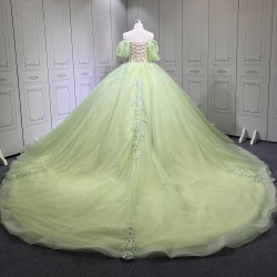 Puff Sleeve Sage Green Quinceanera Dress Strapless Vestidos De XV Anos Lace Appliques Birthday Party Gowns