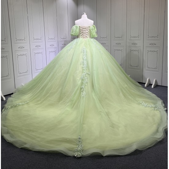 Puff Sleeve Sage Green Quinceanera Dress Strapless Vestidos De XV Anos Lace Appliques Birthday Party Gowns