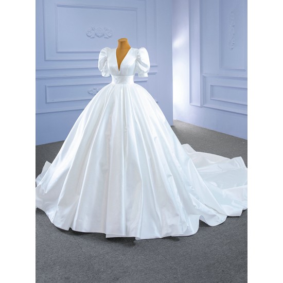 Puff Sleeve Wedding Dresses for Women Backless Ball Gown V Neck Bride Gown vestidos de novia