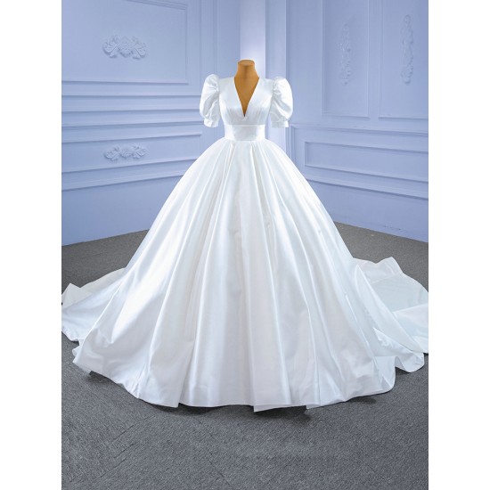 Puff Sleeve Wedding Dresses for Women Backless Ball Gown V Neck Bride Gown vestidos de novia