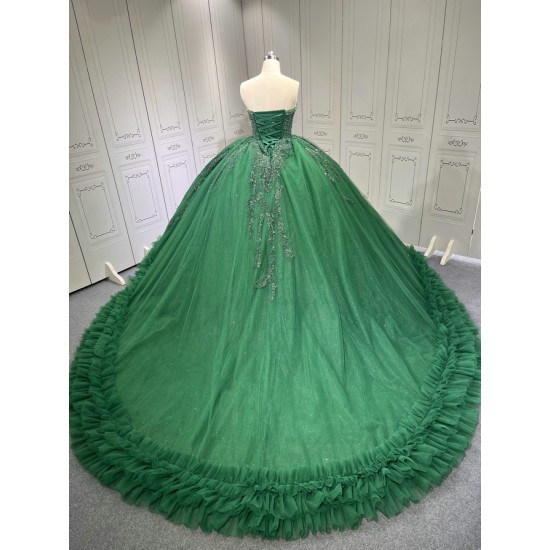 Ruffled Green Quince Dress Sleeveless Vestidos De 15 Anos Crystal Strapless Sweet 15 Gowns