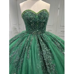 Ruffled Green Quince Dress Sleeveless Vestidos De 15 Anos Crystal Strapless Sweet 15 Gowns