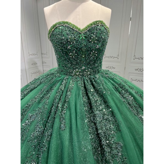 Ruffled Green Quince Dress Sleeveless Vestidos De 15 Anos Crystal Strapless Sweet 15 Gowns