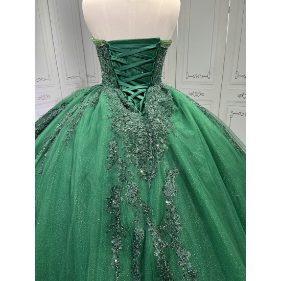 Ruffled Green Quince Dress Sleeveless Vestidos De 15 Anos Crystal Strapless Sweet 15 Gowns