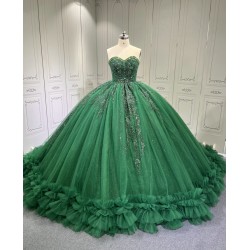 Ruffled Green Quince Dress Sleeveless Vestidos De 15 Anos Crystal Strapless Sweet 15 Gowns