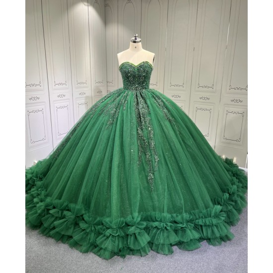 Ruffled Green Quince Dress Sleeveless Vestidos De 15 Anos Crystal Strapless Sweet 15 Gowns