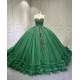 Ruffled Green Quince Dress Sleeveless Vestidos De 15 Anos Crystal Strapless Sweet 15 Gowns