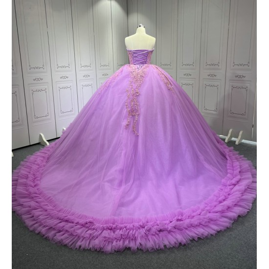 Ruffled Lilac Quince Dress Sleeveless Vestidos De 15 Anos Crystal Strapless Sweet 15 Gowns