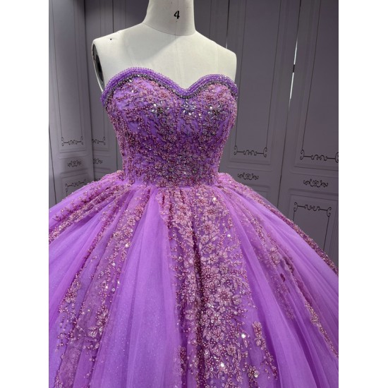 Ruffled Lilac Quince Dress Sleeveless Vestidos De 15 Anos Crystal Strapless Sweet 15 Gowns