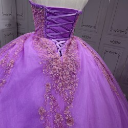 Ruffled Lilac Quince Dress Sleeveless Vestidos De 15 Anos Crystal Strapless Sweet 15 Gowns