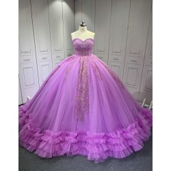 Ruffled Lilac Quince Dress Sleeveless Vestidos De 15 Anos Crystal Strapless Sweet 15 Gowns