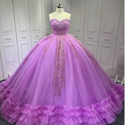 Ruffled Lilac Quince Dress Sleeveless Vestidos De 15 Anos Crystal Strapless Sweet 15 Gowns