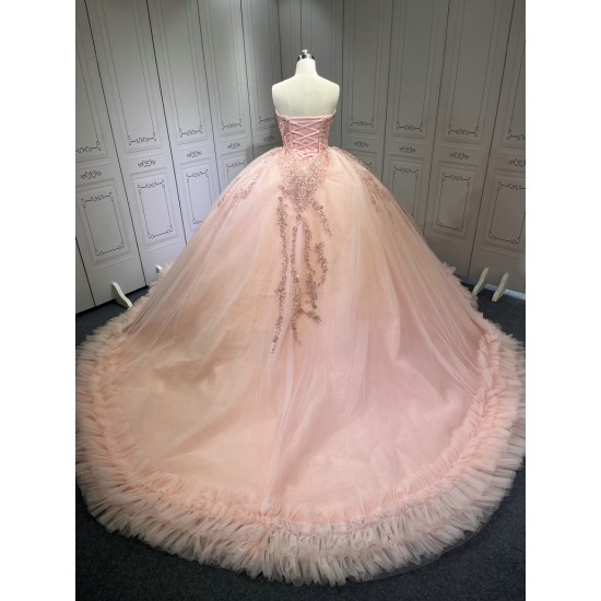 Ruffled Pink Quince Dress Sleeveless Vestidos De 15 Anos Crystal Strapless Sweet 15 Gowns